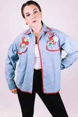 vintage 1970's long sleeve chambray button up blouse with patchwork flowers