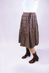 women's vintage 1960's high waisted brown printed pleated midi skirt