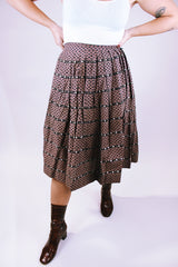 women's vintage 1960's high waisted brown printed pleated midi skirt