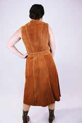 vintage 1970's sleeveless brown suede midi dress with gold popper buttons up the front