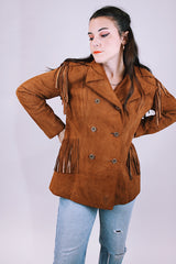 brown suede double breasted jacket and high waisted pants set each with fringe details 1970's vintage