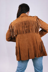 brown suede double breasted jacket and high waisted pants set each with fringe details 1970's vintage