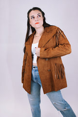 brown suede double breasted jacket and high waisted pants set each with fringe details 1970's vintage
