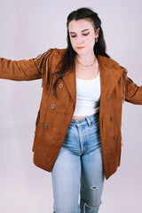 brown suede double breasted jacket and high waisted pants set each with fringe details 1970's vintage