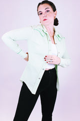 vintage 1970's long sleeve button up western style blouse in mint green with pearl like popper buttons and pointy collar