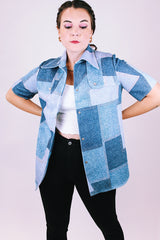 short sleeve faux denim patchwork printed button up blouse with collar 1970's
