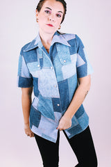 short sleeve faux denim patchwork printed button up blouse with collar 1970's
