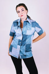 short sleeve faux denim patchwork printed button up blouse with collar 1970's