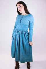 long sleeve midi length dress in a blue heathered cotton material vintage