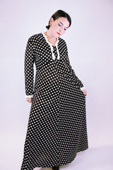 women's vintage 1960's long sleeve maxi dress brown with white polka dots