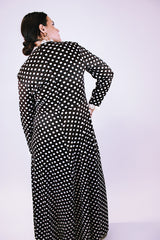 women's vintage 1960's long sleeve maxi dress brown with white polka dots