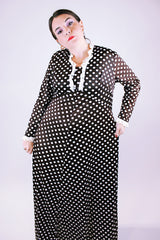 women's vintage 1960's long sleeve maxi dress brown with white polka dots