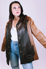 two tone leather women's vintage leather jacket, suede collar, and popper buttons up the front