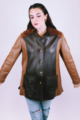 two tone leather women's vintage leather jacket, suede collar, and popper buttons up the front