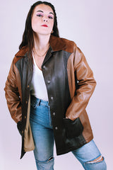 two tone leather women's vintage leather jacket, suede collar, and popper buttons up the front