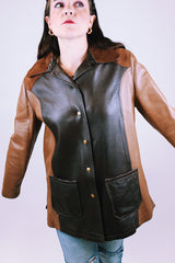 two tone leather women's vintage leather jacket, suede collar, and popper buttons up the front