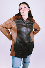 two tone leather women's vintage leather jacket, suede collar, and popper buttons up the front