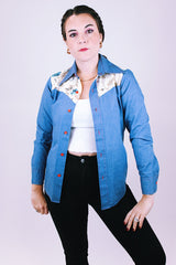 1970's women's vintage long sleeve button up blouse blue with collar and floral patchwork detail