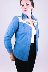 1970's women's vintage long sleeve button up blouse blue with collar and floral patchwork detail