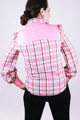 long sleeve western style wood button up blouse in pink plaid seersucker material with collar