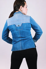 women's vintage 1970's two tone denim button up blouse with collar and brass popper buttons