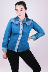 women's vintage 1970's two tone denim button up blouse with collar and brass popper buttons