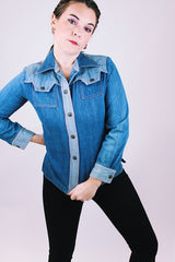 women's vintage 1970's two tone denim button up blouse with collar and brass popper buttons