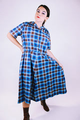 short sleeve midi dress women's vintage 1960's blue and brown plaid print with collar and half buttons