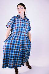 short sleeve midi dress women's vintage 1960's blue and brown plaid print with collar and half buttons