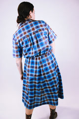 short sleeve midi dress women's vintage 1960's blue and brown plaid print with collar and half buttons