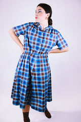 short sleeve midi dress women's vintage 1960's blue and brown plaid print with collar and half buttons