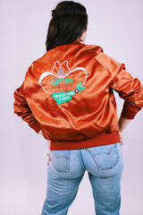 burnt orange satin bomber jacket with embroidered back vintage women's