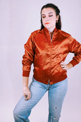 burnt orange satin bomber jacket with embroidered back vintage women's