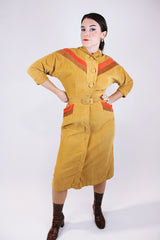 3/4 arm length corduroy midi length dress vintage 1950's button in front and matching belt mustard yellow