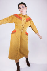 3/4 arm length corduroy midi length dress vintage 1950's button in front and matching belt mustard yellow