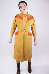 3/4 arm length corduroy midi length dress vintage 1950's button in front and matching belt mustard yellow