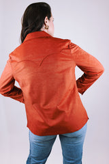 long sleeve pullover blouse in a soft faux suede burnt orange fabric with collar