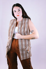 sleeveless open vest long length polyester women's vintage 1970's brown stripes pattern western style