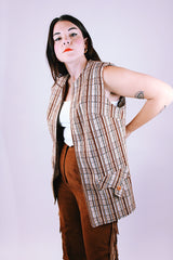 sleeveless open vest long length polyester women's vintage 1970's brown stripes pattern western style