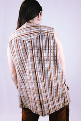 sleeveless open vest long length polyester women's vintage 1970's brown stripes pattern western style