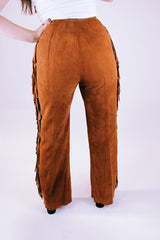 brown suede double breasted jacket and high waisted pants set each with fringe details 1970's vintage