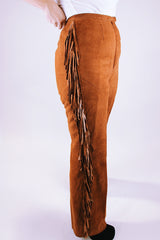 brown suede double breasted jacket and high waisted pants set each with fringe details 1970's vintage