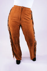 brown suede double breasted jacket and high waisted pants set each with fringe details 1970's vintage