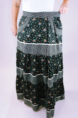 1970's vintage prairie style maxi skirt black with ditsy floral print has pockets