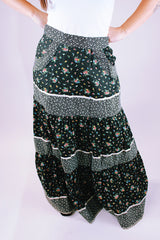 1970's vintage prairie style maxi skirt black with ditsy floral print has pockets