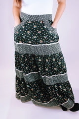 1970's vintage prairie style maxi skirt black with ditsy floral print has pockets