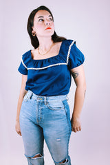 women's vintage navy blue cotton off the shoulder short sleeve puff sleeve blouse with crochet trim