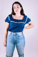 women's vintage navy blue cotton off the shoulder short sleeve puff sleeve blouse with crochet trim