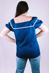 women's vintage navy blue cotton off the shoulder short sleeve puff sleeve blouse with crochet trim