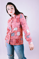 long sleeve button up blouse vintage women's 1970's red patchwork print